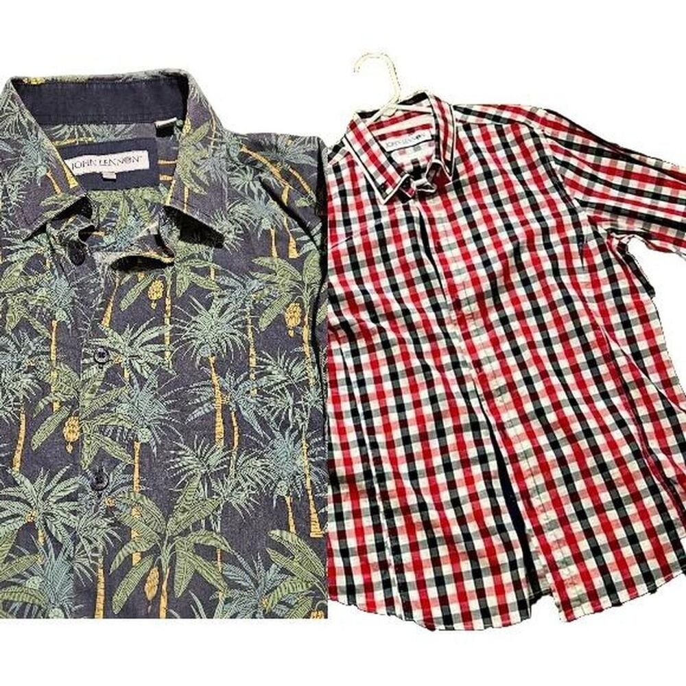 2 John Lennon Men's Large Shirts – Tropical Palm Hawaiian & Gingham Long SZ L